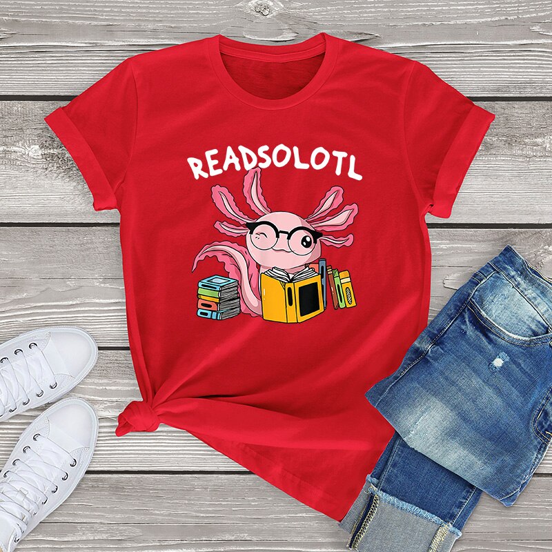 100% Cotton Readsolotl Read Book Unisex Oversized Short Sleeve Tee Axolotl Funny Graphic T Shirt Women Kawaii Tops Fahion Shirt