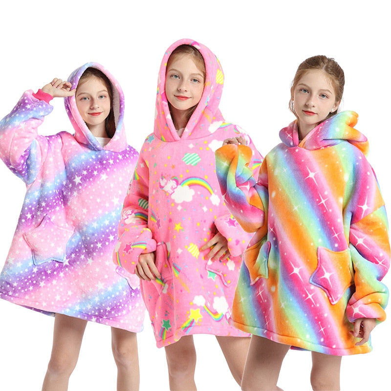 Winter Warm Blanket Hoodie Kids Plush Sherpa Fleece Wearable Blanket With Sleeves Pocket TV Hooded Blankets Sweatshirt Pajamas