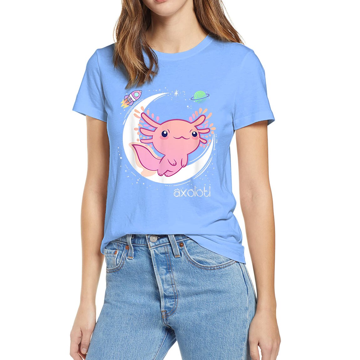Space Axolotl Kawaii Pastel Goth Japan Anime Lover Funny Summer Women 100% Cotton Novelty T-Shirt EU Size Casual Streetwear Tee