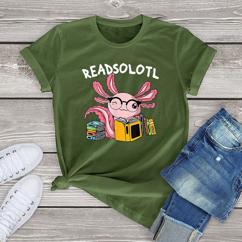 100% Cotton Readsolotl Read Book Unisex Oversized Short Sleeve Tee Axolotl Funny Graphic T Shirt Women Kawaii Tops Fahion Shirt