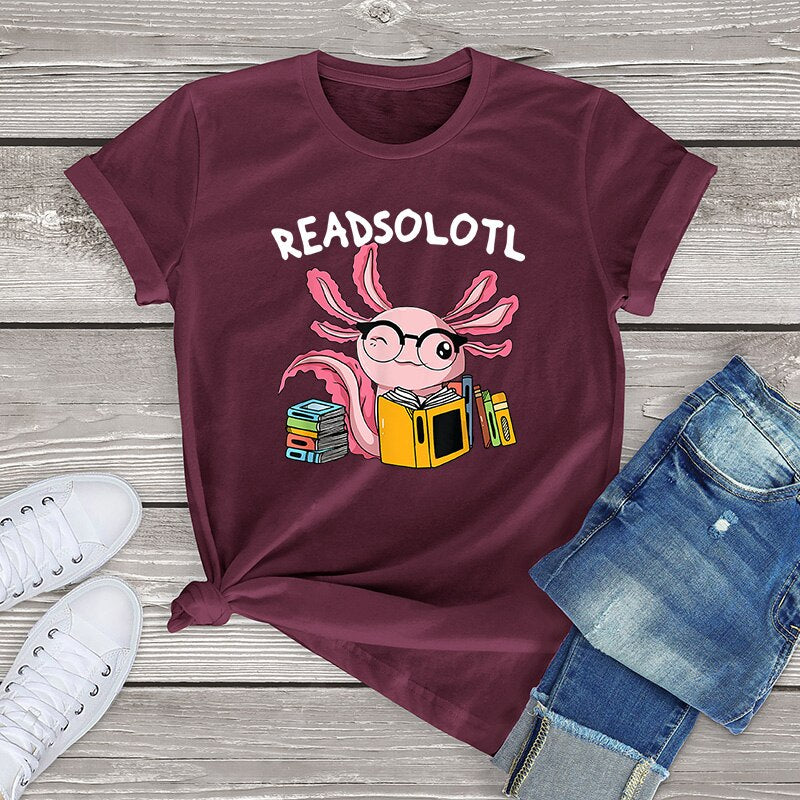 100% Cotton Readsolotl Read Book Unisex Oversized Short Sleeve Tee Axolotl Funny Graphic T Shirt Women Kawaii Tops Fahion Shirt