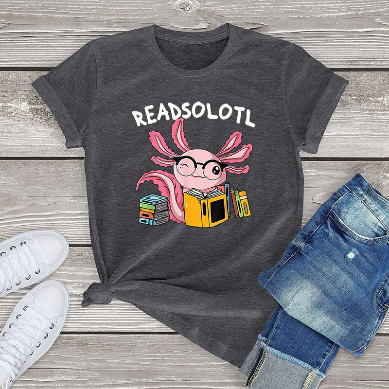 100% Cotton Readsolotl Read Book Unisex Oversized Short Sleeve Tee Axolotl Funny Graphic T Shirt Women Kawaii Tops Fahion Shirt