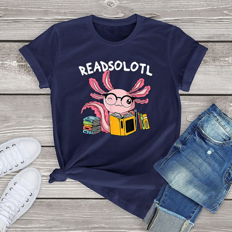 100% Cotton Readsolotl Read Book Unisex Oversized Short Sleeve Tee Axolotl Funny Graphic T Shirt Women Kawaii Tops Fahion Shirt