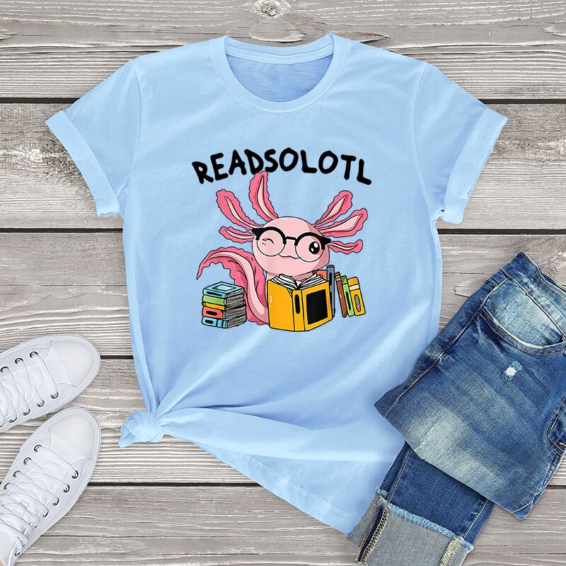 100% Cotton Readsolotl Read Book Unisex Oversized Short Sleeve Tee Axolotl Funny Graphic T Shirt Women Kawaii Tops Fahion Shirt
