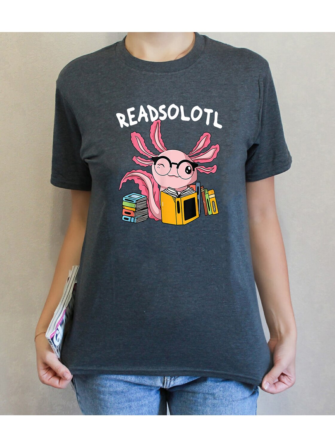100% Cotton Readsolotl Read Book Unisex Oversized Short Sleeve Tee Axolotl Funny Graphic T Shirt Women Kawaii Tops Fahion Shirt