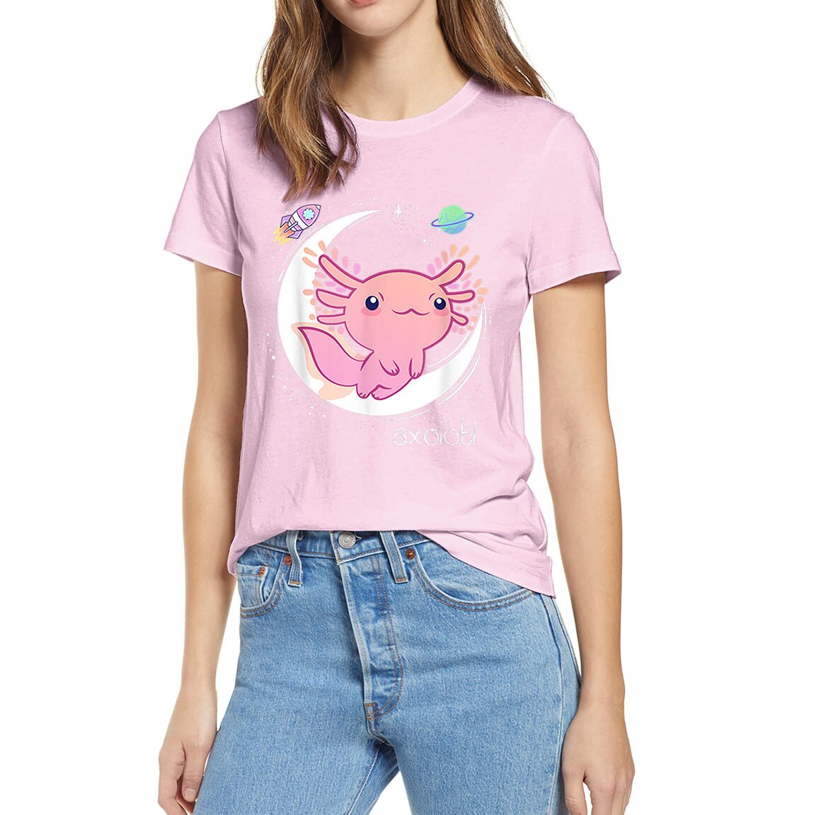 Space Axolotl Kawaii Pastel Goth Japan Anime Lover Funny Summer Women 100% Cotton Novelty T-Shirt EU Size Casual Streetwear Tee
