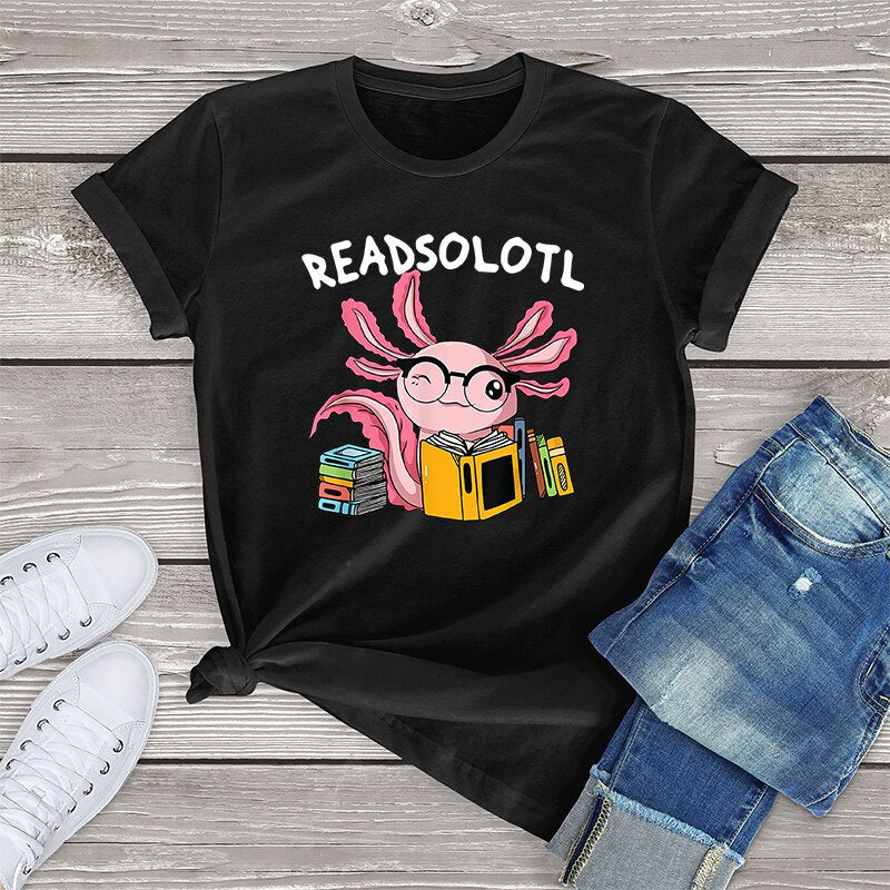100% Cotton Readsolotl Read Book Unisex Oversized Short Sleeve Tee Axolotl Funny Graphic T Shirt Women Kawaii Tops Fahion Shirt