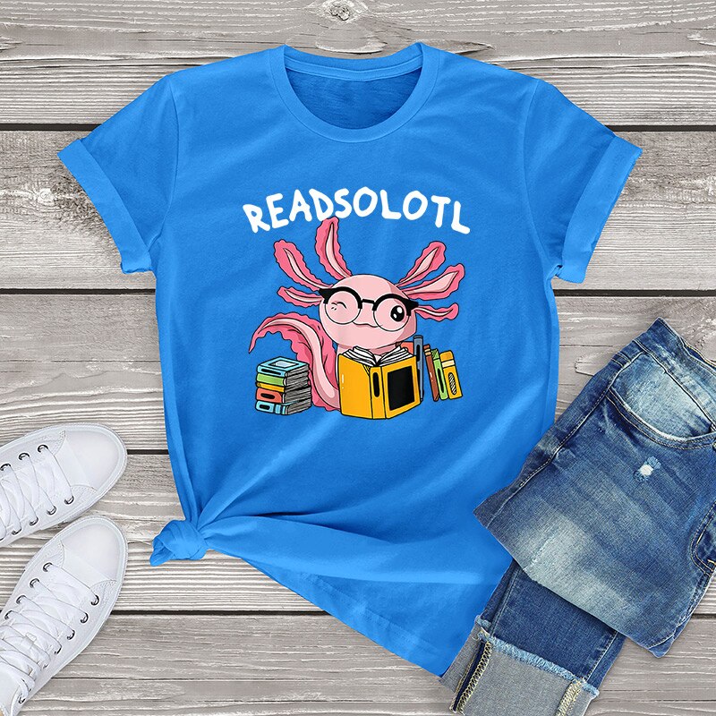 100% Cotton Readsolotl Read Book Unisex Oversized Short Sleeve Tee Axolotl Funny Graphic T Shirt Women Kawaii Tops Fahion Shirt