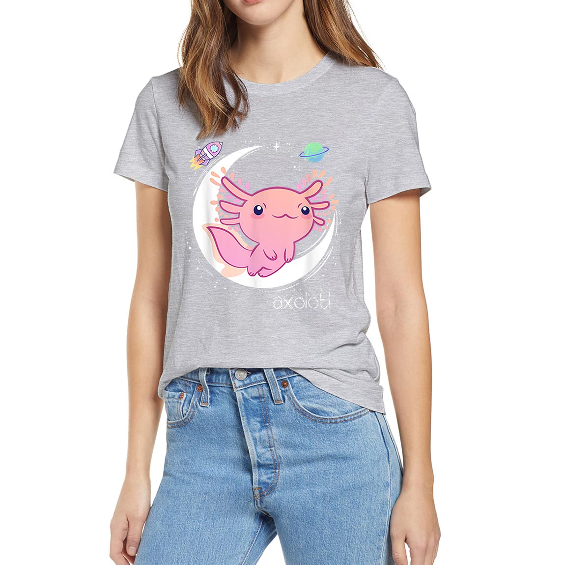 Space Axolotl Kawaii Pastel Goth Japan Anime Lover Funny Summer Women 100% Cotton Novelty T-Shirt EU Size Casual Streetwear Tee