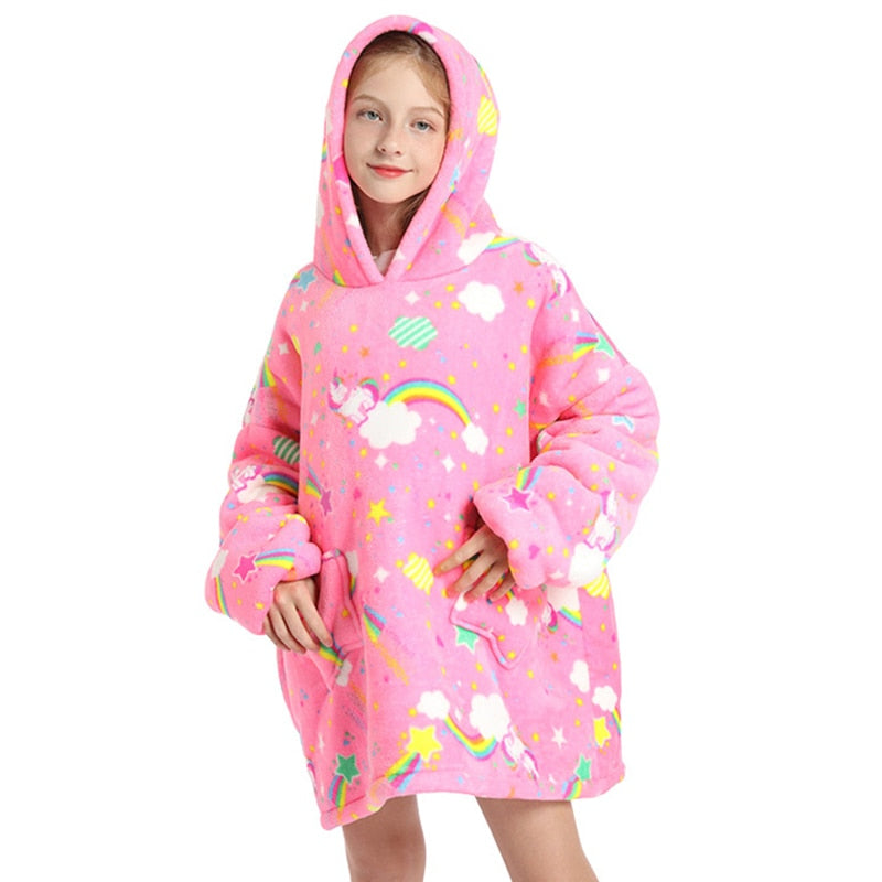 Winter Warm Blanket Hoodie Kids Plush Sherpa Fleece Wearable Blanket With Sleeves Pocket TV Hooded Blankets Sweatshirt Pajamas