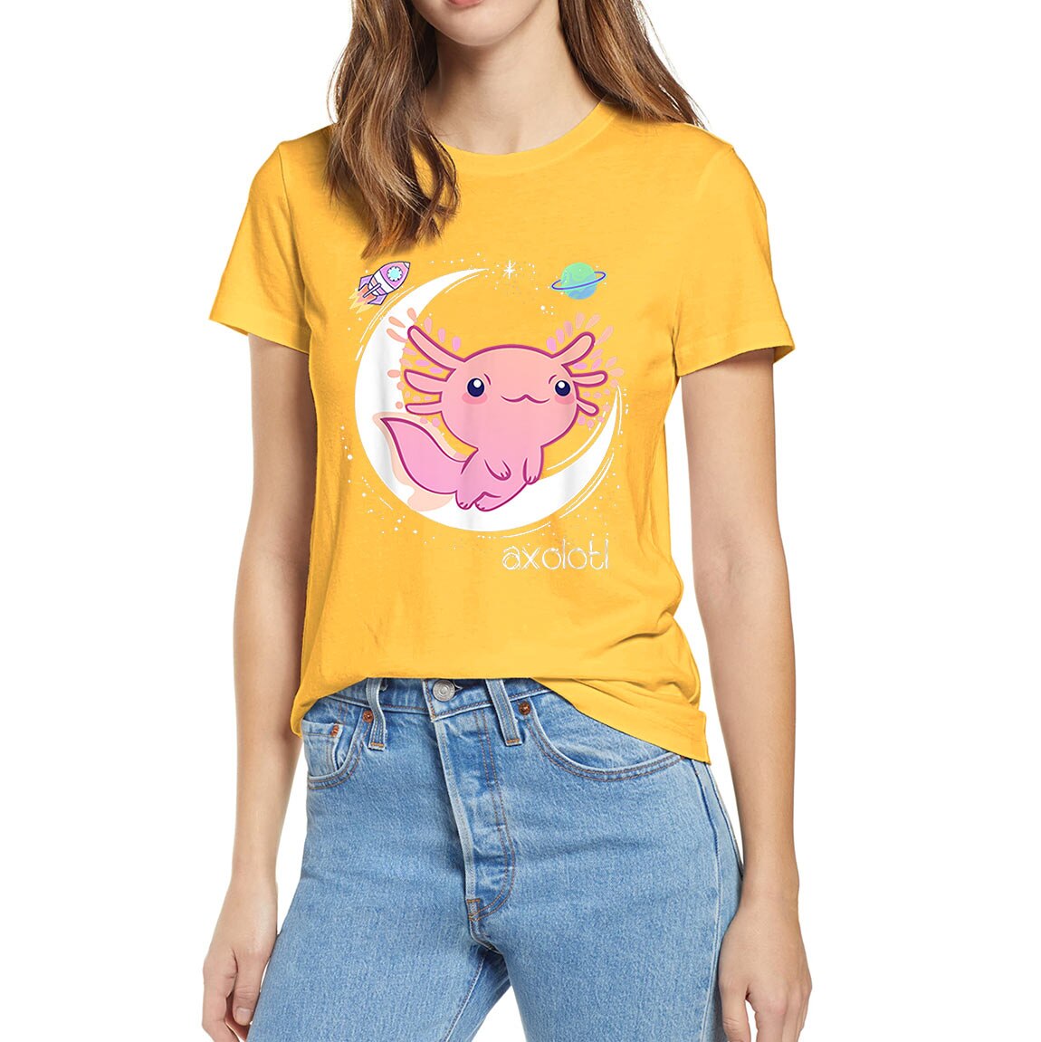 Space Axolotl Kawaii Pastel Goth Japan Anime Lover Funny Summer Women 100% Cotton Novelty T-Shirt EU Size Casual Streetwear Tee