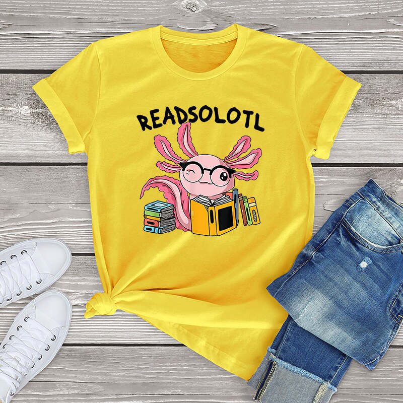 100% Cotton Readsolotl Read Book Unisex Oversized Short Sleeve Tee Axolotl Funny Graphic T Shirt Women Kawaii Tops Fahion Shirt