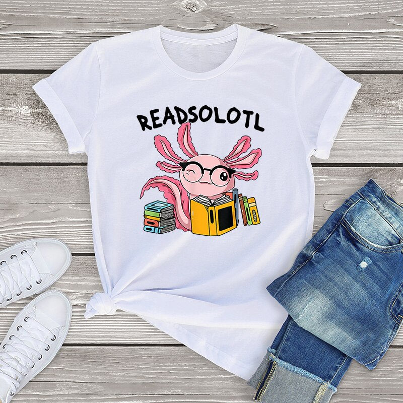 100% Cotton Readsolotl Read Book Unisex Oversized Short Sleeve Tee Axolotl Funny Graphic T Shirt Women Kawaii Tops Fahion Shirt