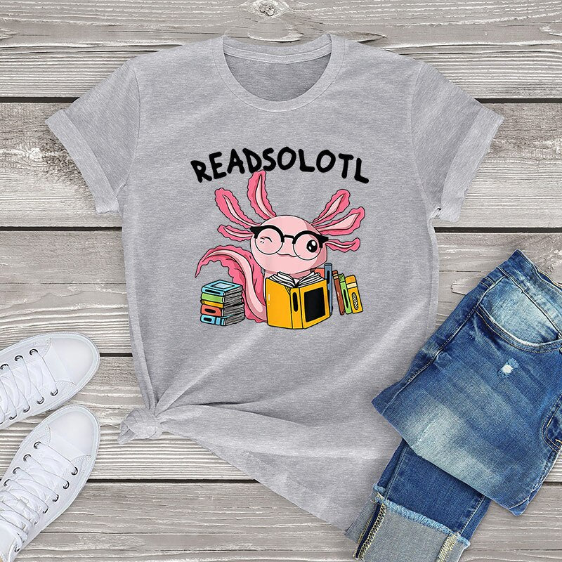 100% Cotton Readsolotl Read Book Unisex Oversized Short Sleeve Tee Axolotl Funny Graphic T Shirt Women Kawaii Tops Fahion Shirt