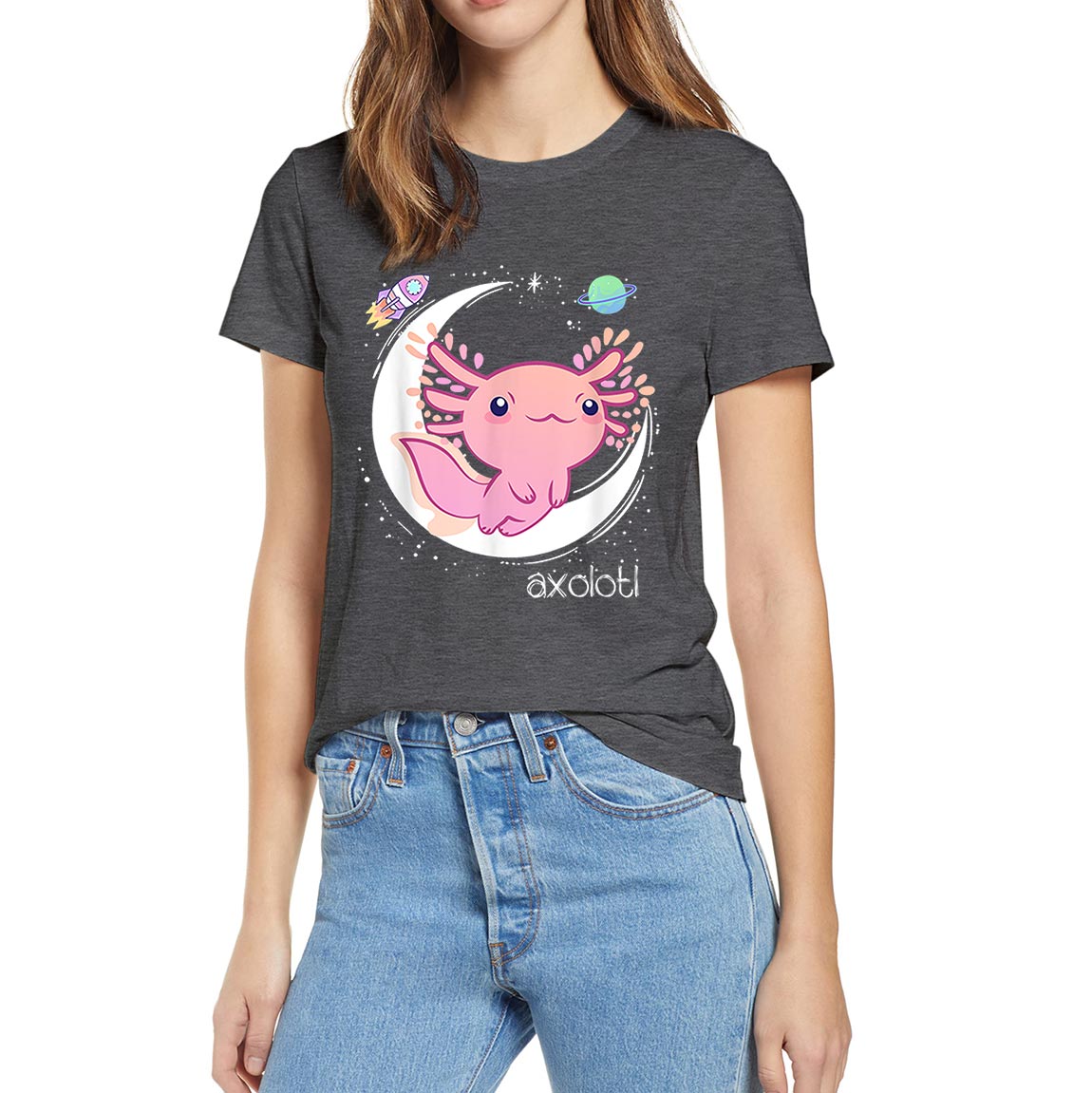 Space Axolotl Kawaii Pastel Goth Japan Anime Lover Funny Summer Women 100% Cotton Novelty T-Shirt EU Size Casual Streetwear Tee