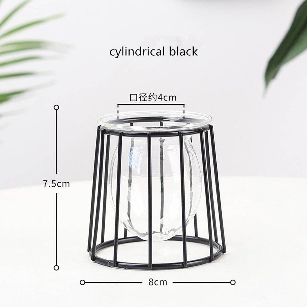 Iron Line Flower Vase Metal Plant Holder Modern Home Decor Vases Ornament Nordic Style Golden Black Glass Hydroponic Container