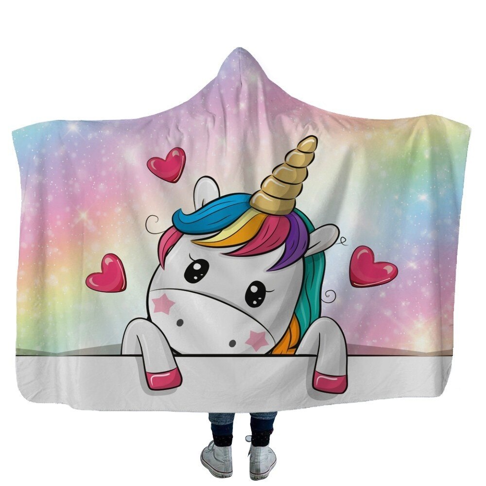 Unicorn Plush Hooded Blanket For Adults Kids Winter Warm Soft Watching Tv Wearable Fleece Hoodie Blankets Christmas Gift