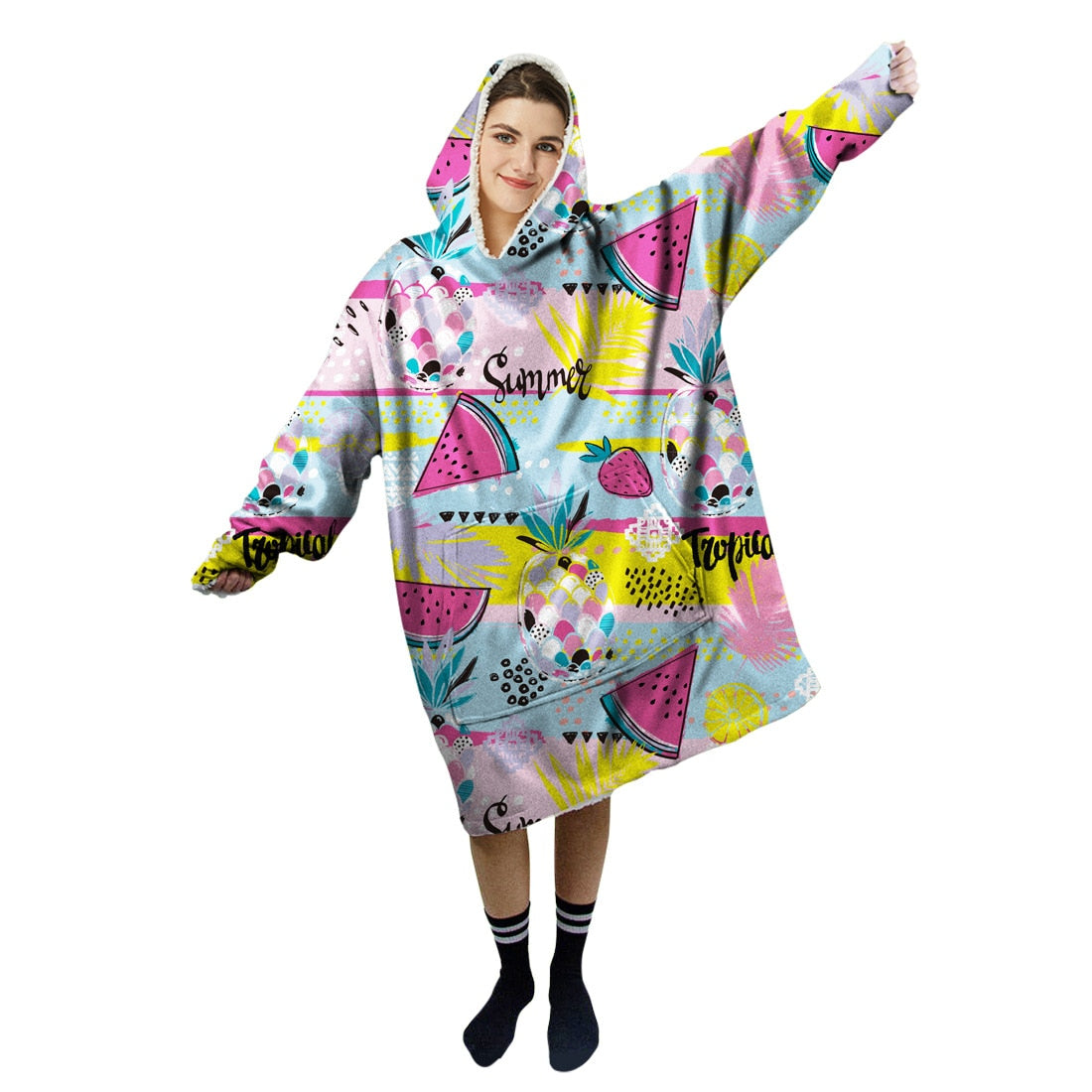 Cartoon Cute Hooded Blanket Women Kid Gifts Winter Hoodie Sweater With Sleeves Sofa Lazy TV Nap Blanket Pocket Wearable Pullover