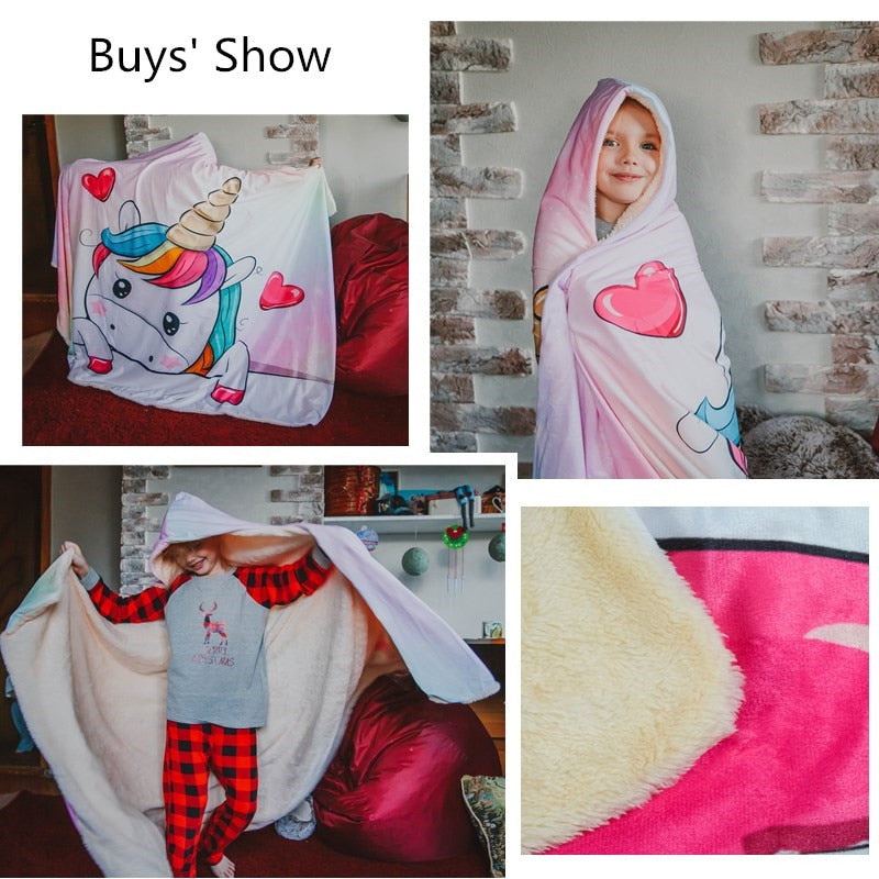 Unicorn Plush Hooded Blanket For Adults Kids Winter Warm Soft Watching Tv Wearable Fleece Hoodie Blankets Christmas Gift