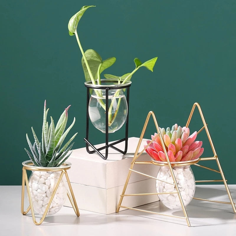 Iron Line Flower Vase Metal Plant Holder Modern Home Decor Vases Ornament Nordic Style Golden Black Glass Hydroponic Container