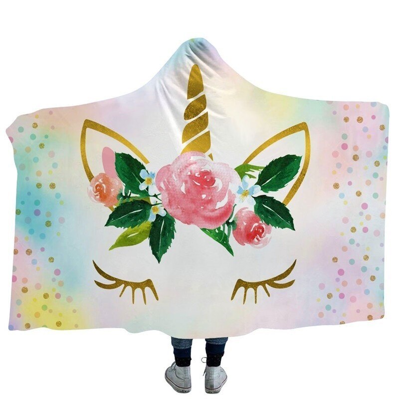 Unicorn Plush Hooded Blanket For Adults Kids Winter Warm Soft Watching Tv Wearable Fleece Hoodie Blankets Christmas Gift