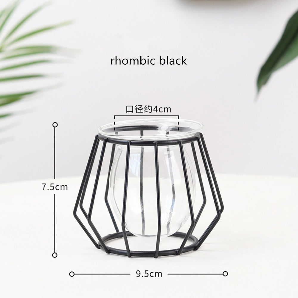 Iron Line Flower Vase Metal Plant Holder Modern Home Decor Vases Ornament Nordic Style Golden Black Glass Hydroponic Container
