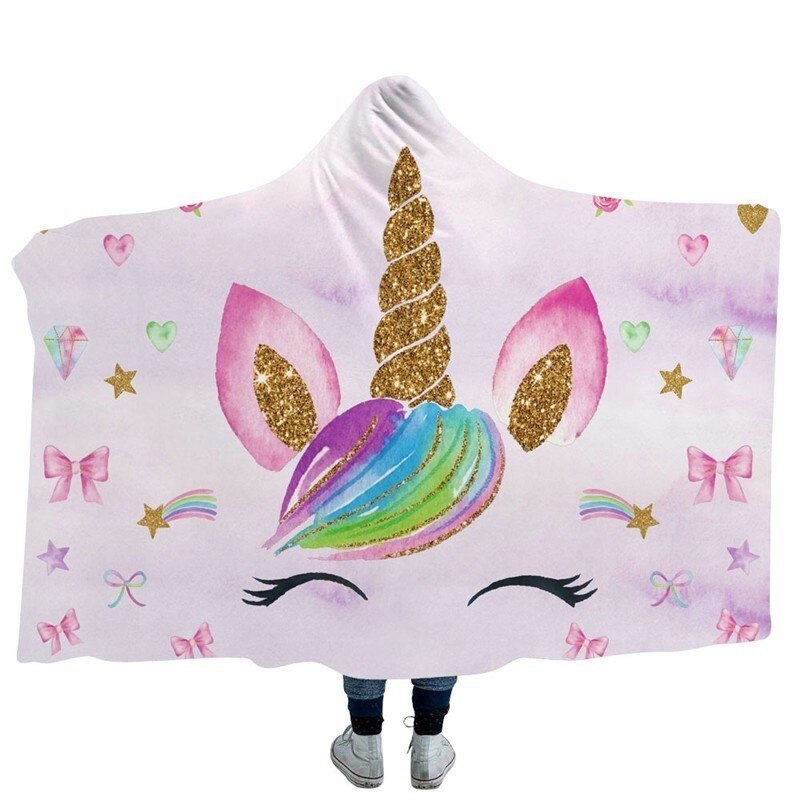 Unicorn Plush Hooded Blanket For Adults Kids Winter Warm Soft Watching Tv Wearable Fleece Hoodie Blankets Christmas Gift