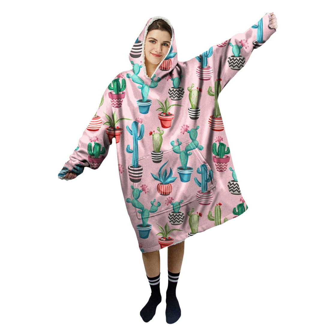 Cartoon Cute Hooded Blanket Women Kid Gifts Winter Hoodie Sweater With Sleeves Sofa Lazy TV Nap Blanket Pocket Wearable Pullover