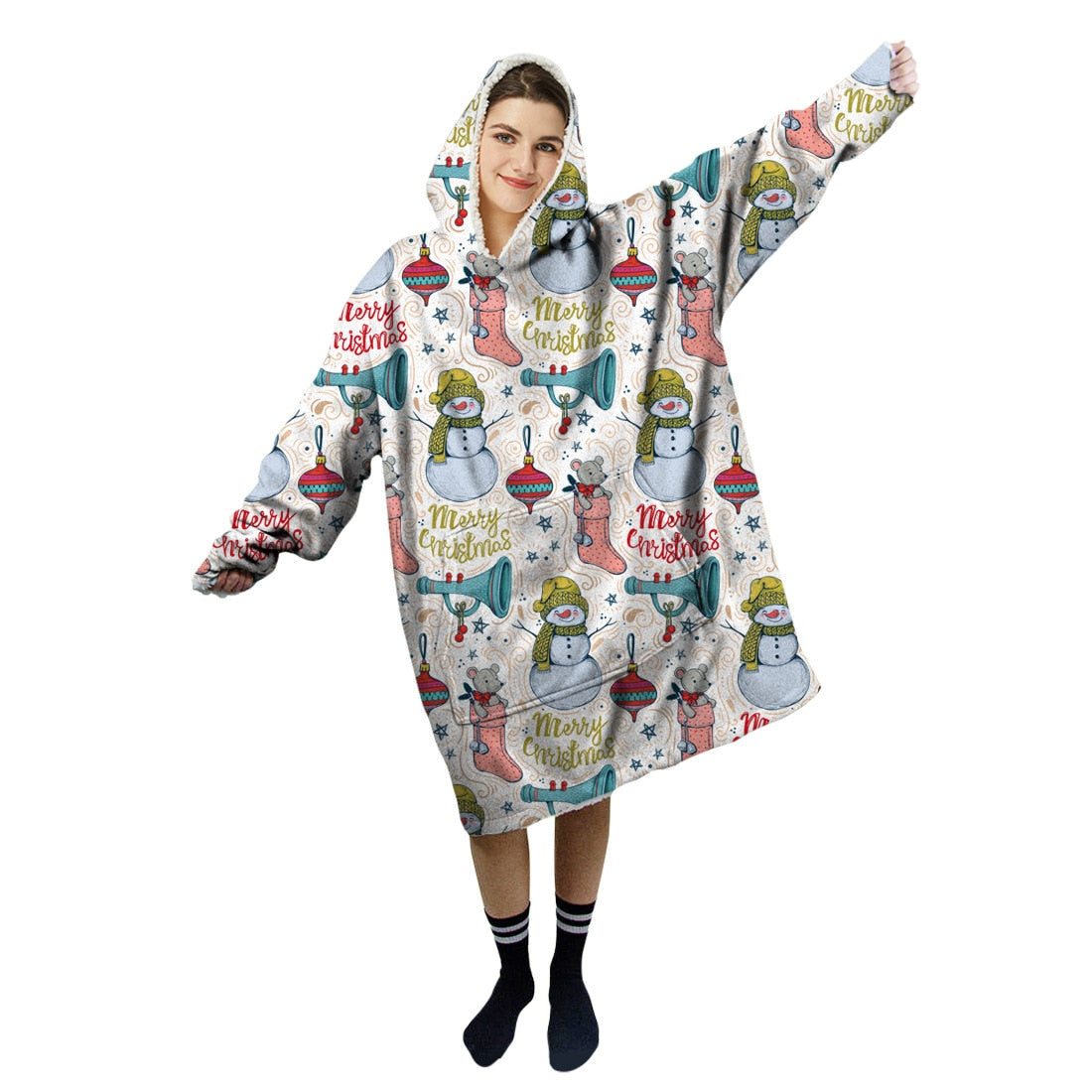 Cartoon Cute Hooded Blanket Women Kid Gifts Winter Hoodie Sweater With Sleeves Sofa Lazy TV Nap Blanket Pocket Wearable Pullover