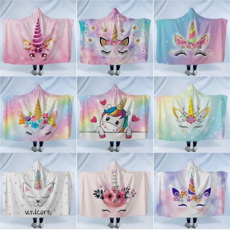Unicorn Plush Hooded Blanket For Adults Kids Winter Warm Soft Watching Tv Wearable Fleece Hoodie Blankets Christmas Gift