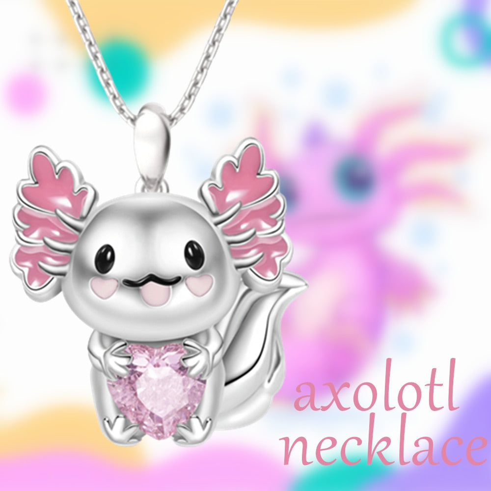 Cute Cartoon Axolotl Heart Rhinestone Pendant Necklace Exquisite Women's Necklace Fashion Animal Pendant Jewelry Birthday Gifts