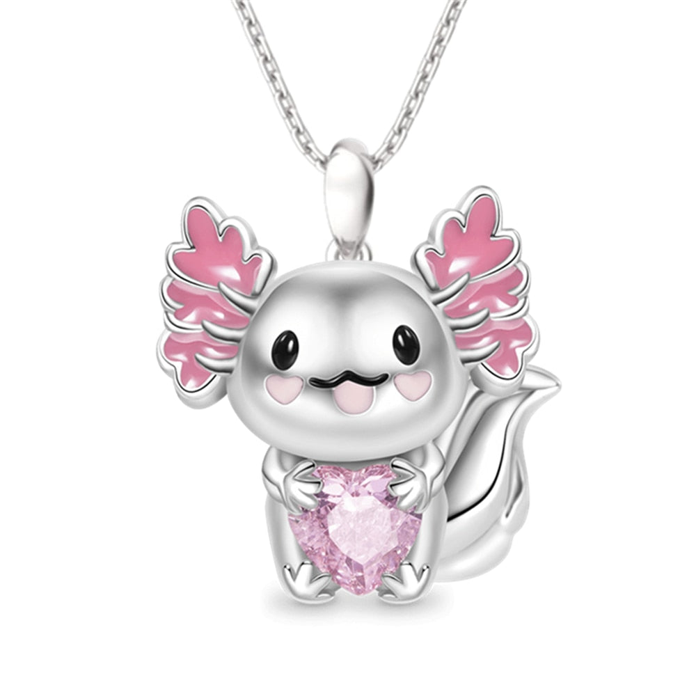 Cute Cartoon Axolotl Heart Rhinestone Pendant Necklace Exquisite Women's Necklace Fashion Animal Pendant Jewelry Birthday Gifts