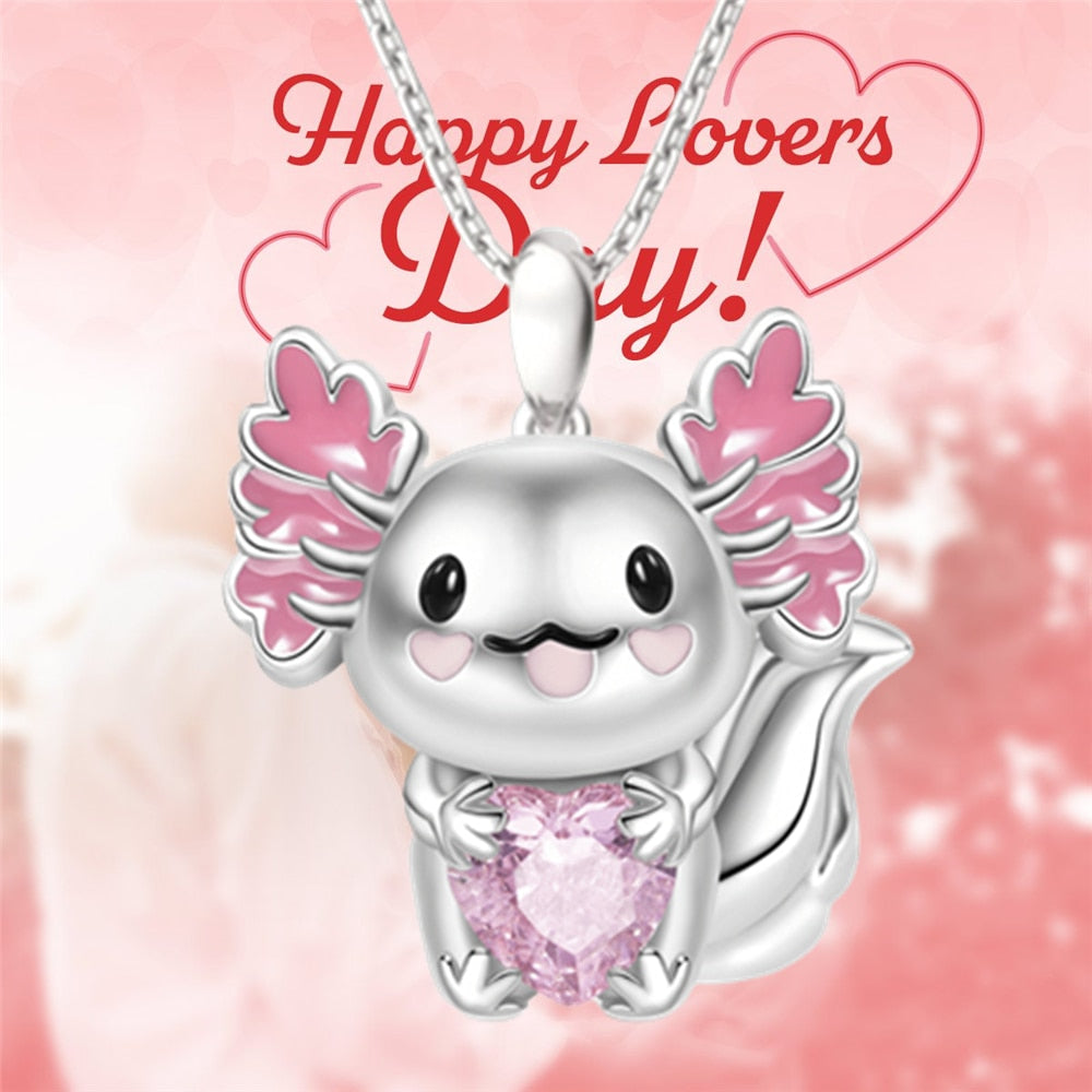 Cute Cartoon Axolotl Heart Rhinestone Pendant Necklace Exquisite Women's Necklace Fashion Animal Pendant Jewelry Birthday Gifts
