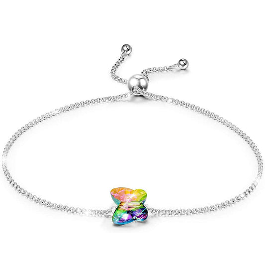 Rainbow Aurora Borealis Butterfly Pendant Bracelet in 14K White Gold ITALY Made