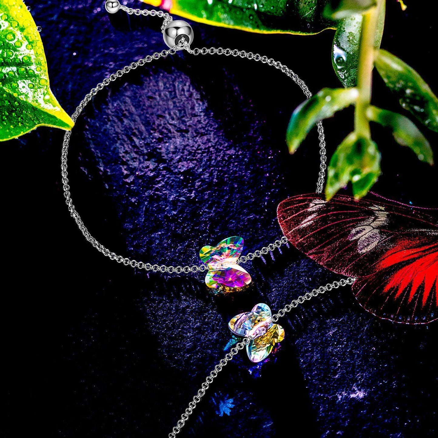 Rainbow Aurora Borealis Butterfly Pendant Bracelet in 14K White Gold ITALY Made