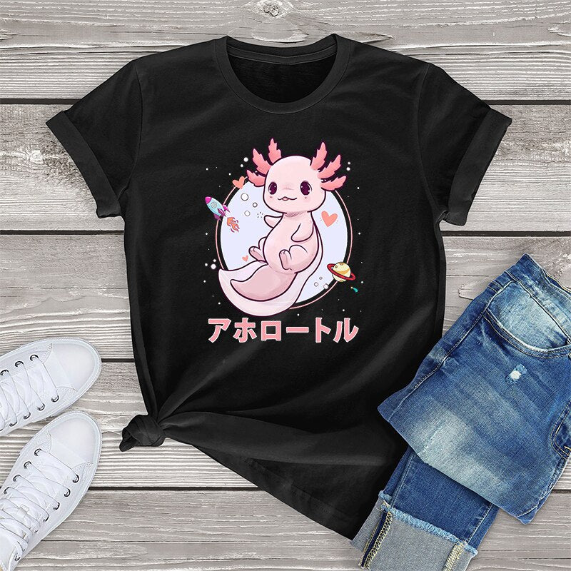 Pastel Goth Axolotl Kawaii Japanese Anime Aesthetic Oversized Short Sleeve Tee Graphic T Shirt Women Tops Ladies Fahion Shirt