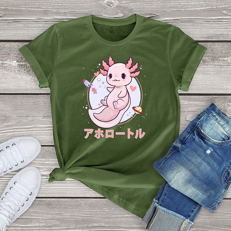 Pastel Goth Axolotl Kawaii Japanese Anime Aesthetic Oversized Short Sleeve Tee Graphic T Shirt Women Tops Ladies Fahion Shirt