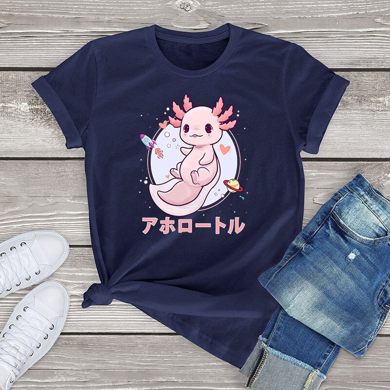 Pastel Goth Axolotl Kawaii Japanese Anime Aesthetic Oversized Short Sleeve Tee Graphic T Shirt Women Tops Ladies Fahion Shirt