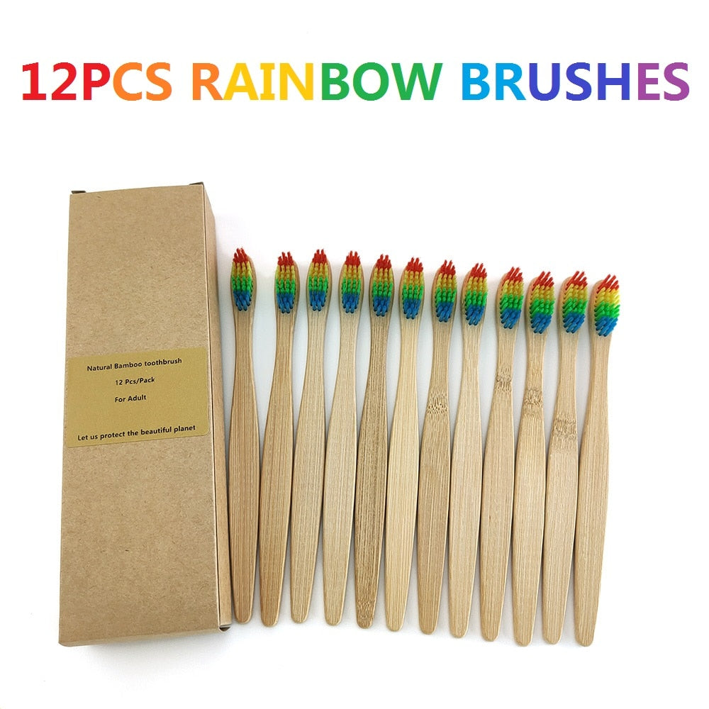 Rainbow Bamboo Toothbrush Banister Brush Natural Soft Hair Tooth Brush Eco-friendly Brushes Oral Cleaning Care Tools(12PCS/Pack)