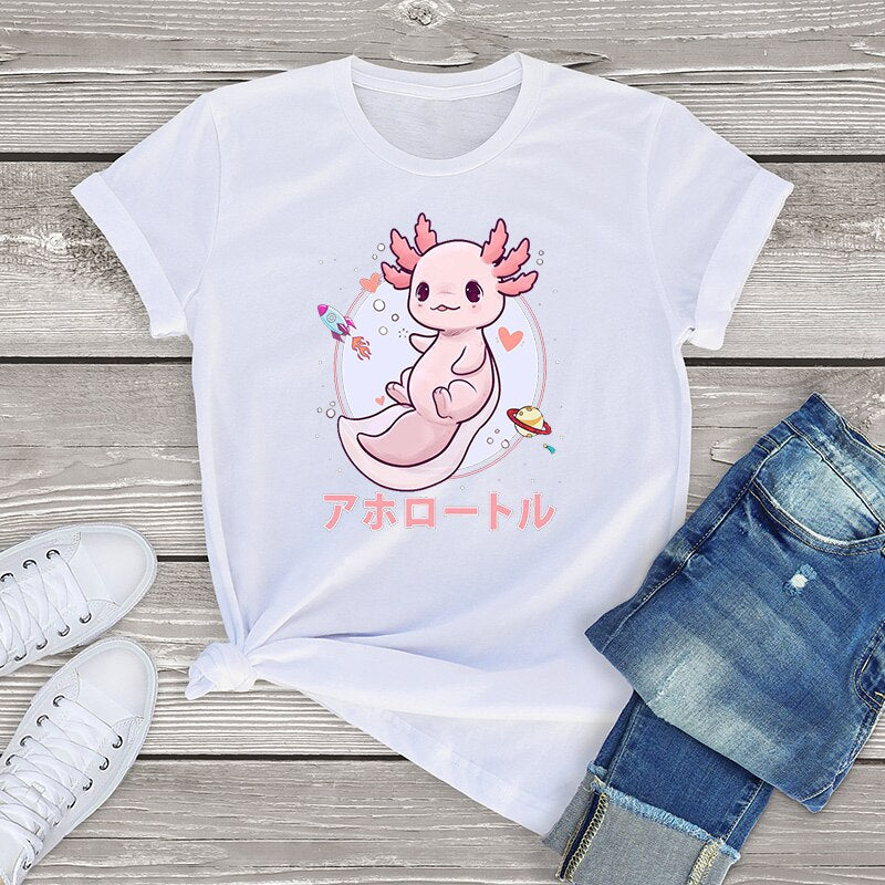 Pastel Goth Axolotl Kawaii Japanese Anime Aesthetic Oversized Short Sleeve Tee Graphic T Shirt Women Tops Ladies Fahion Shirt