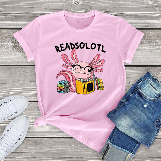 100% Cotton Readsolotl Read Book Unisex Oversized Short Sleeve Tee Axolotl Funny Graphic T Shirt Women Kawaii Tops Fahion Shirt