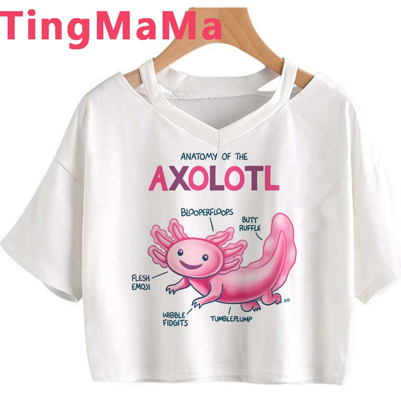 Kawaii Cartoon Axolotl T Shirt Women Y2k Top Aesthetic Clothes Harajuku Graphic Tees Funny Grunge T-shirts Female