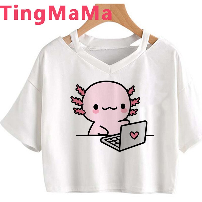 Kawaii Cartoon Axolotl T Shirt Women Y2k Top Aesthetic Clothes Harajuku Graphic Tees Funny Grunge T-shirts Female